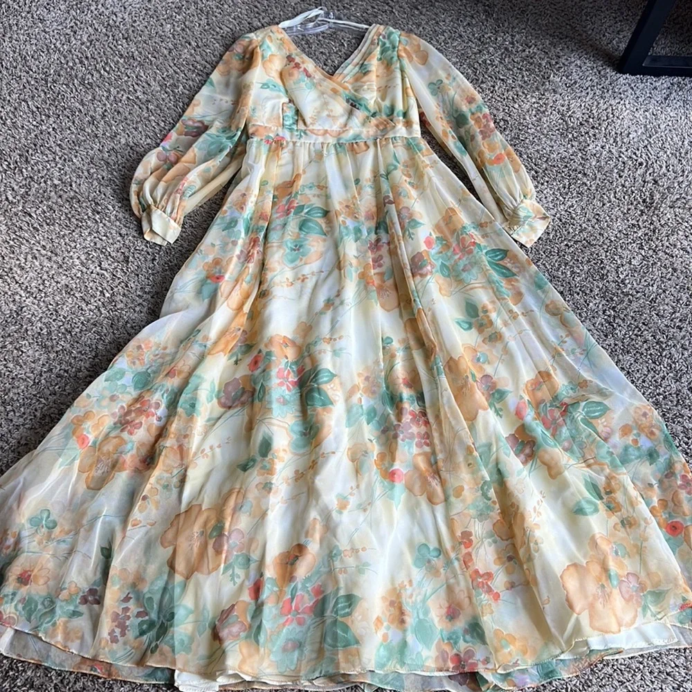 Vintage 70s Chiffon Yellow Floral Floor Length Dress Sz 14 By Union Made - Picture 3 of 16